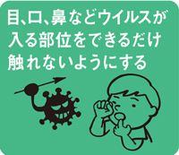 目、口、鼻などウイルスが入る部位をできるだけ触れないようにする