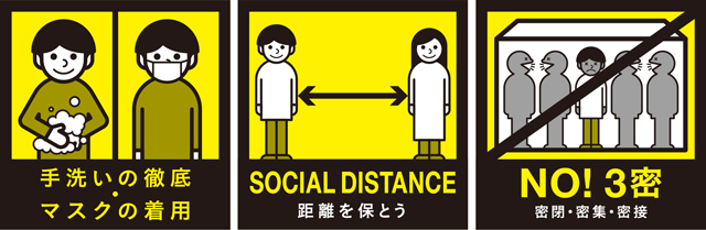 手洗いの徹底・マスクの着用、SOCIAL DISTANCE　距離を保とう、NO! 3密　密閉・密集・密接を避けよう