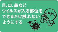 目、口、鼻などウイルスが入る部位をできるだけ触れないようにする